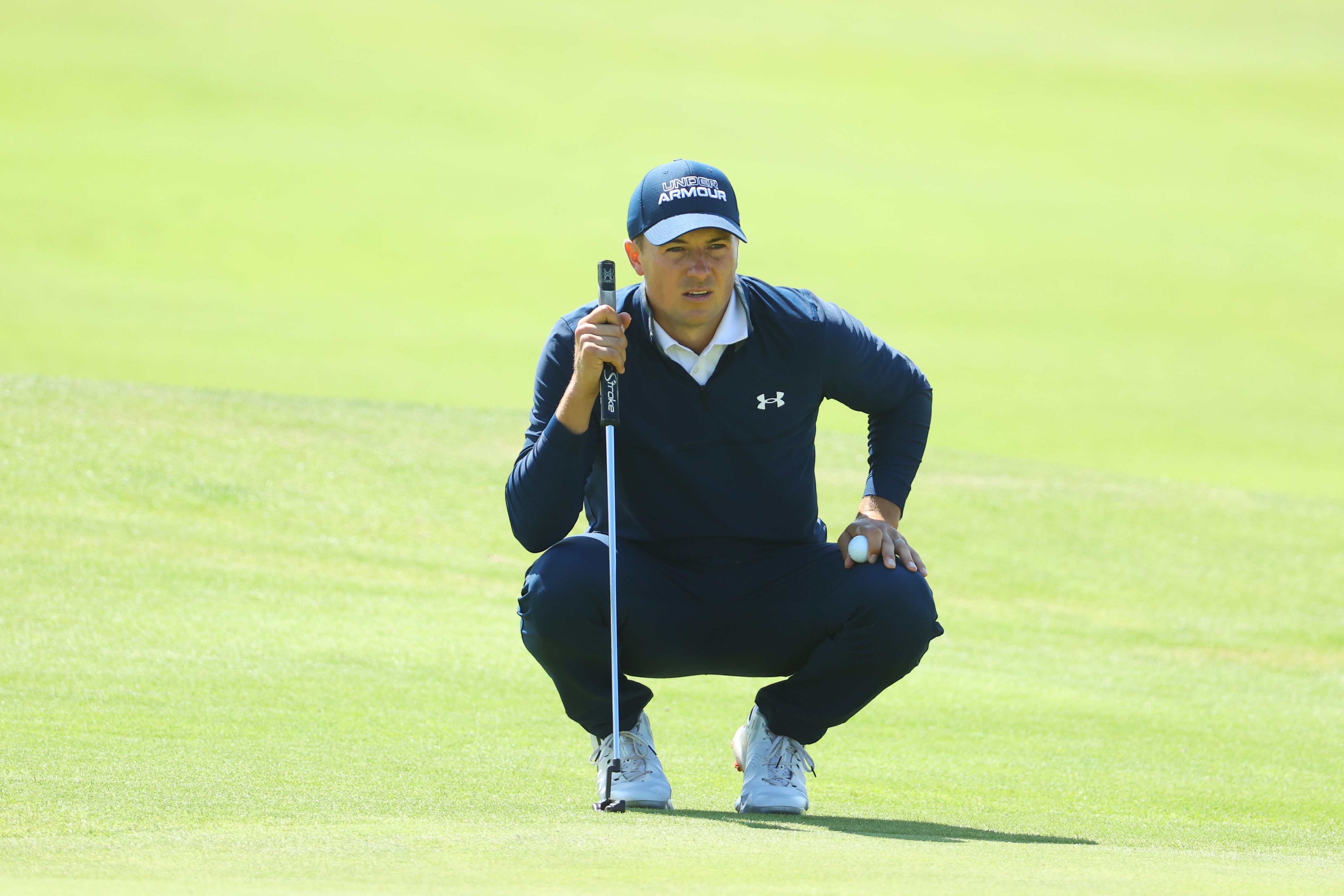 SANDWICH, ENGLAND - JULY 15: Jordan Spieth of the United States lines up a shot on the seventh hole during Day One of The 149th Open at Royal St George’s Golf Club on July 15, 2021 in Sandwich, England. (Photo by Andrew Redington/Getty Images)