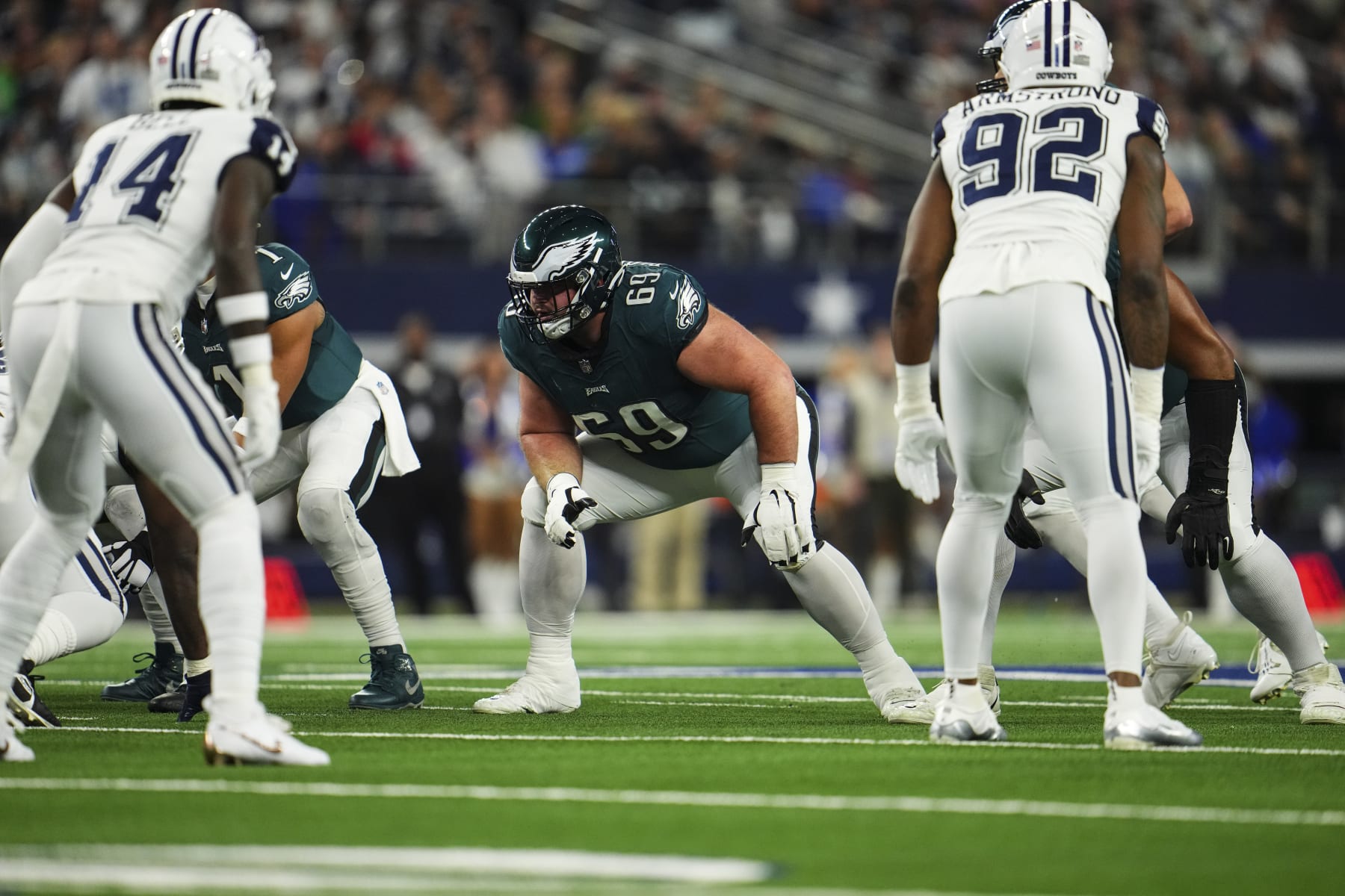 ARLINGTON, TX - DECEMBER 10: Landon Dickerson #69 of the Philadelphia Eagles lines up during an NFL football game against the Dallas Cowboys at AT&T Stadium on December 10, 2023 in Arlington, Texas. (Photo by Cooper Neill/Getty Images)