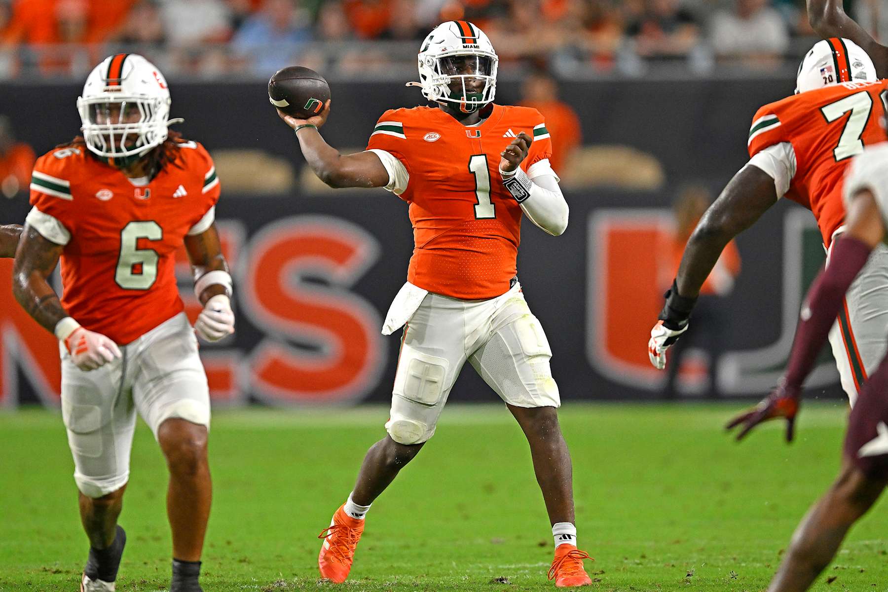 MIAMI GARDENS, FL - SEPTEMBER 27:  Miami quarterback Cam Ward (1) passes the ball in the second quarter as the Miami Hurricanes faced the Virginia Tech Hokies on September 27, 2024, at Hard Rock Stadium in Miami Gardens, Florida. (Photo by Samuel Lewis/Icon Sportswire via Getty Images)