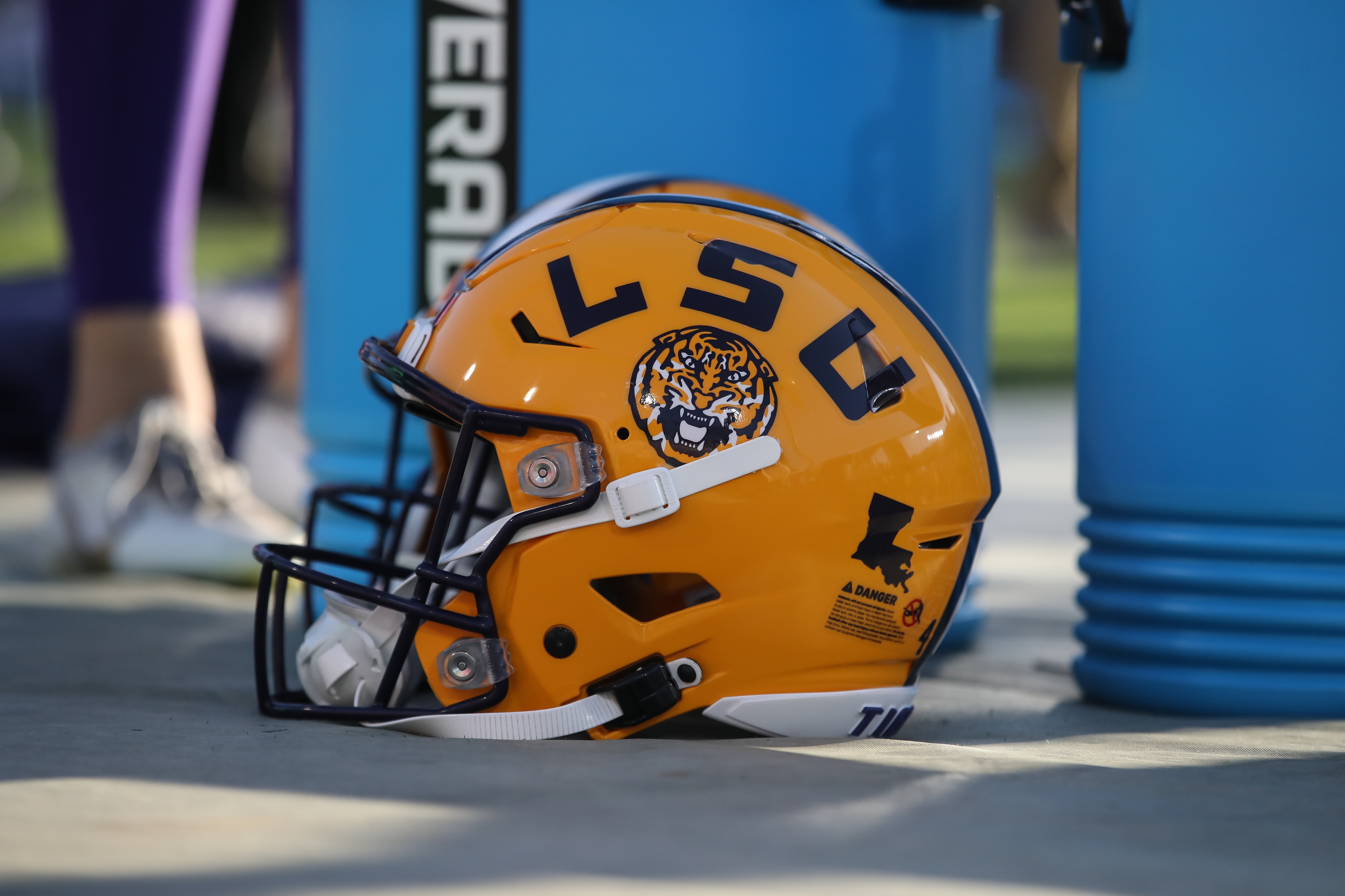 PASADENA, CA - SEPTEMBER 04:  LSU Tigers helmet during the college football game between the LSU Tigers and the UCLA Bruins on September 04, 2021, at the Rose Bowl in Pasadena, CA. (Photo by Jevone Moore/Icon Sportswire via Getty Images)