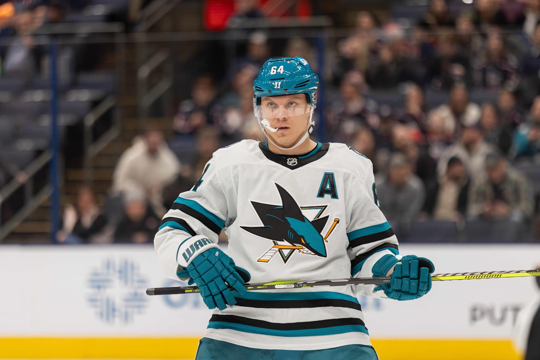 COLUMBUS, OH - JANUARY 16: San Jose Sharks Center Mikael Granlund (64) skates on the ice in the third period as the San Jose Sharks take on the Columbus Blue Jackets on January 16, 2025 at Nationwide Arena in Columbus, OH. (Photo by Michael Brown/Icon Sportswire via Getty Images)
