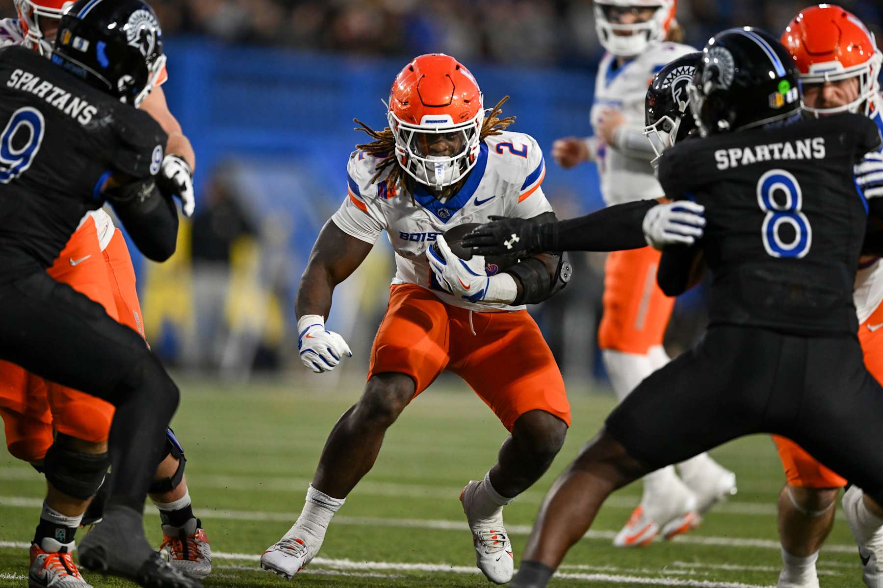 SAN JOSE, CALIFORNIA - NOVEMBER 23: Ashton Jeanty #2 of the Boise State Broncos runs against the San Jose State Spartans on November 23, 2024 in San Jose, California. (Photo by Brandon Vallance/ISI Photos/Getty Images)