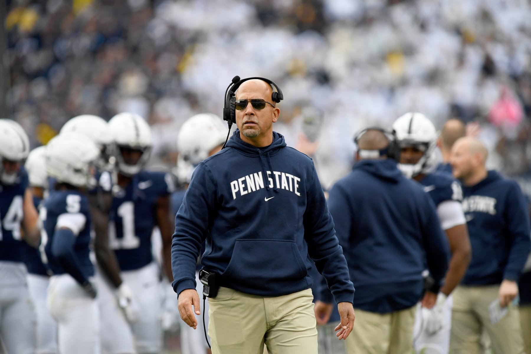 UNIVERSITY PARK, PA - NOVEMBER 11: Penn State head coach James Franklin watches during the Michigan Wolverines versus Penn State Nittany Lions game on November 11, 2023 at Beaver Stadium in University Park, PA. (Photo by Randy Litzinger/Icon Sportswire via Getty Images)