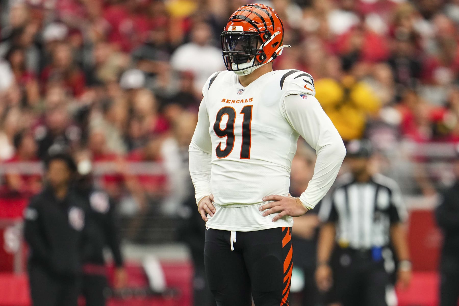 GLENDALE, AZ - OCTOBER 08: Trey Hendrickson #91 of the Cincinnati Bengals looks on from the field during an NFL game against the Arizona Cardinals at State Farm Stadium on October 8, 2023 in Glendale, Arizona. (Photo by Cooper Neill/Getty Images)