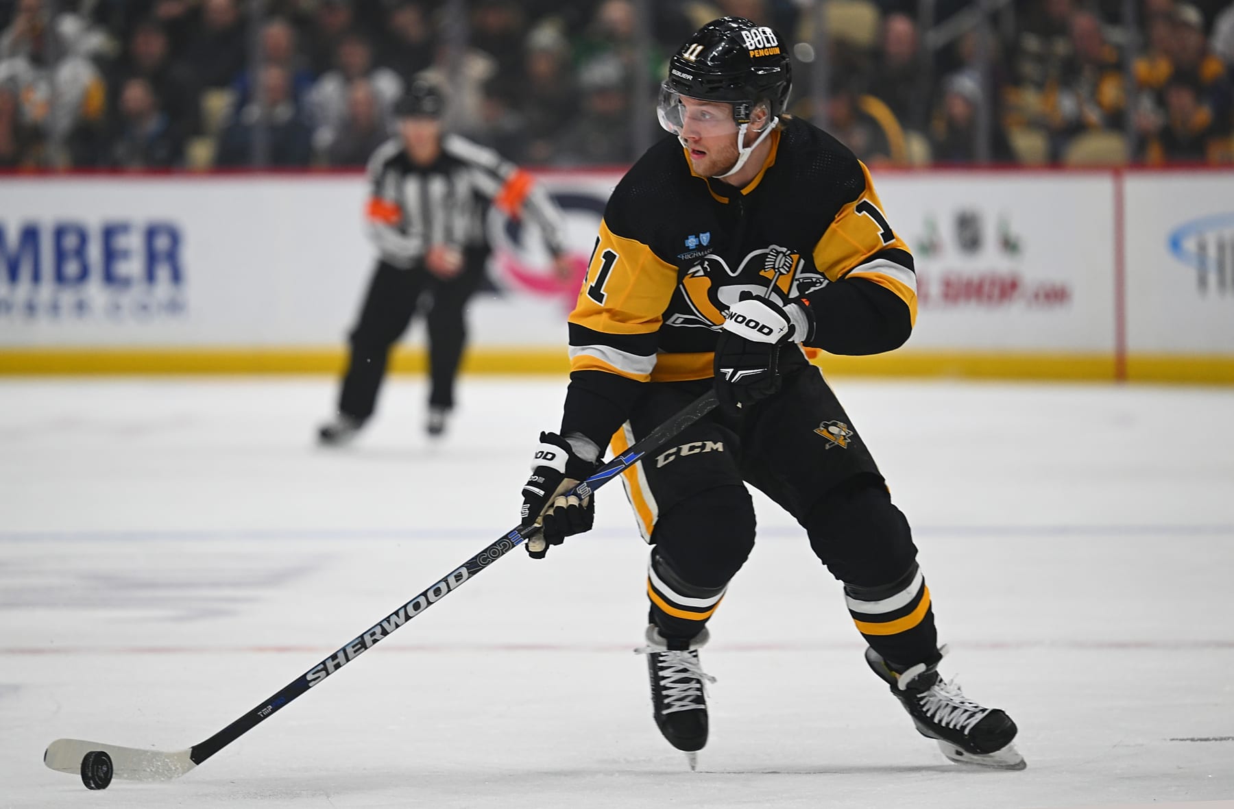 PITTSBURGH, PENNSYLVANIA - NOVEMBER 25: Alex Nylander #11 of the Pittsburgh Penguins skates with the puck in the first period during the game against the Toronto Maple Leafs at PPG PAINTS Arena on November 25, 2023 in Pittsburgh, Pennsylvania. (Photo by Justin Berl/Getty Images)