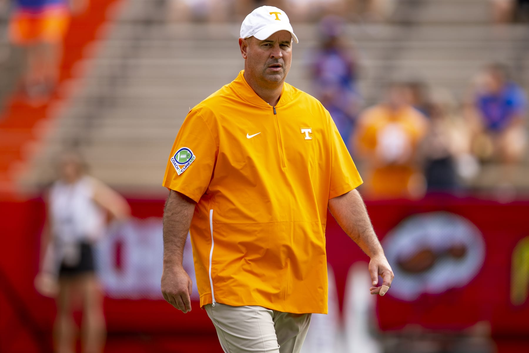 GAINESVILLE, FL- SEPTEMBER 21: Head coach Jeremy Pruitt of the Tennessee Volunteers looks on prior to the start of the game against the Florida Gators at Ben Hill Griffin Stadium on September 21, 2019 in Gainesville, Florida. (Photo by Carmen Mandato/Getty Images)