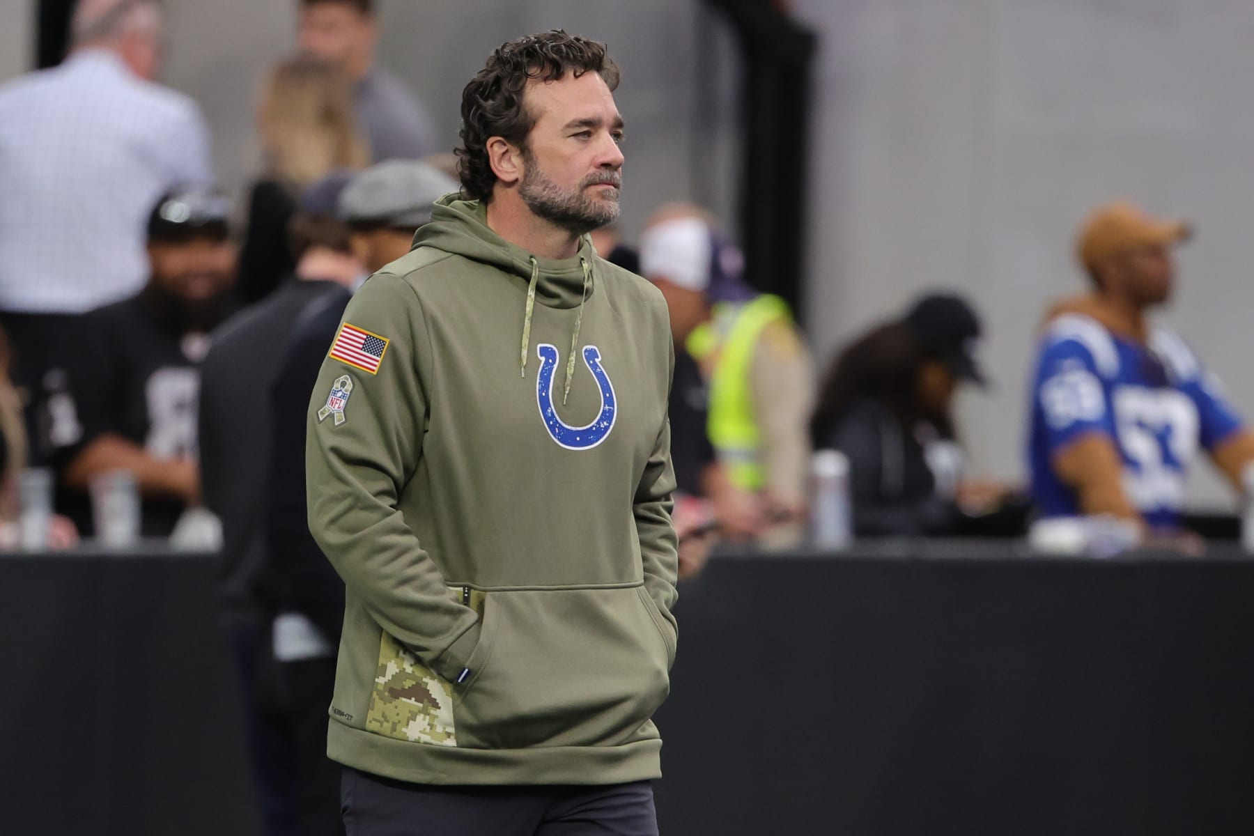 LAS VEGAS, NEVADA - NOVEMBER 13: Interim head coach Jeff Saturday of the Indianapolis Colts looks on before the start of the game against the Las Vegas Raiders at Allegiant Stadium on November 13, 2022 in Las Vegas, Nevada. (Photo by Ethan Miller/Getty Images)