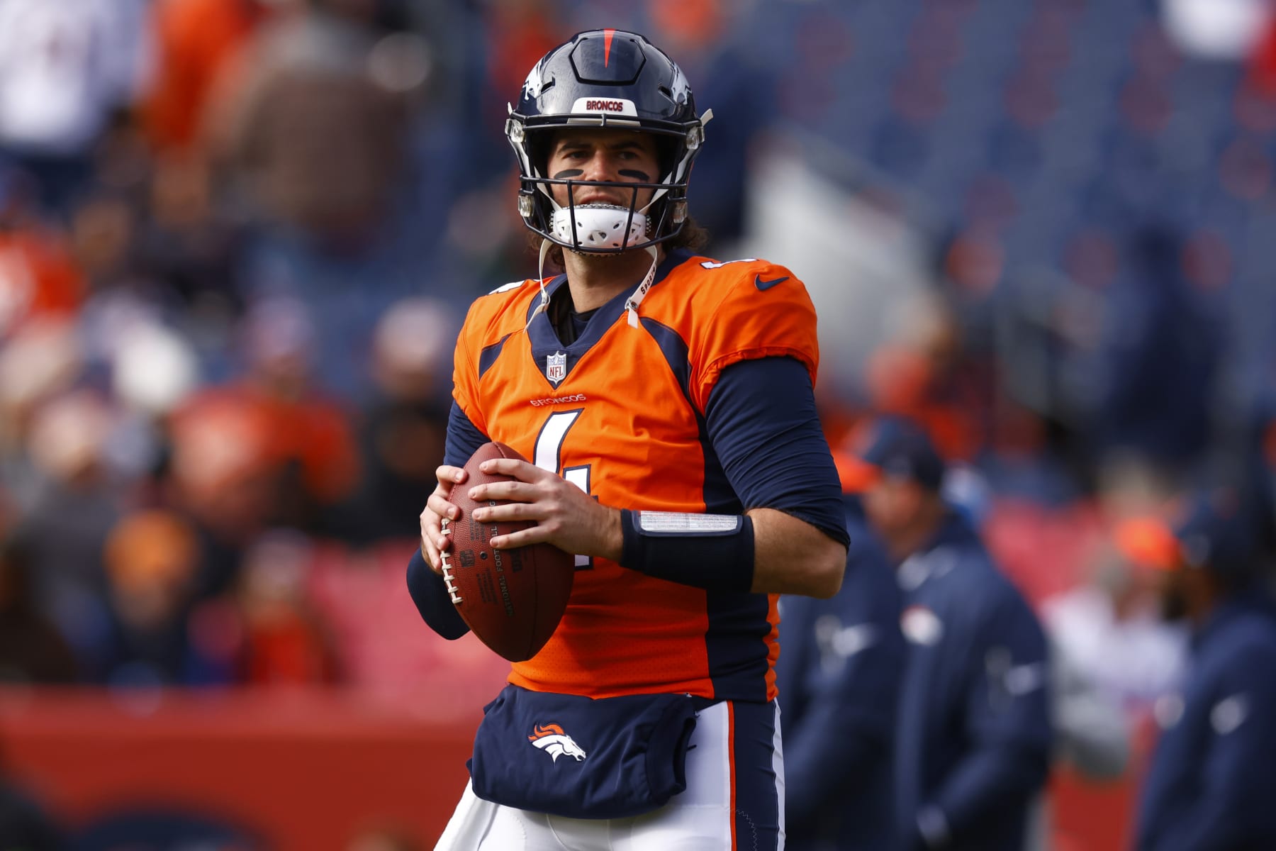 DENVER, COLORADO - DECEMBER 31: Jarrett Stidham #4 of the Denver Broncos warms up prior to a game against the Los Angeles Chargers at Empower Field At Mile High on December 31, 2023 in Denver, Colorado. (Photo by Justin Edmonds/Getty Images)
