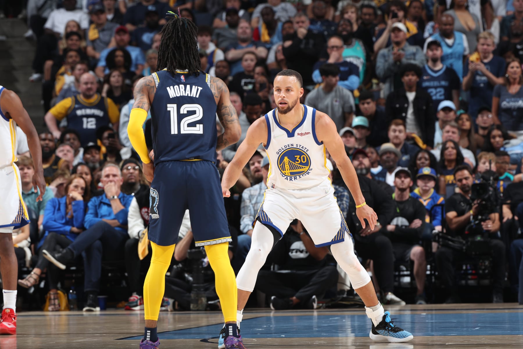 MEMPHIS, TN - MAY 3: Stephen Curry #30 of the Golden State Warriors plays defense on Ja Morant #12 of the Memphis Grizzlies during Game 2 of the 2022 NBA Playoffs Western Conference Semifinals on May 3, 2022 at FedExForum in Memphis, Tennessee. NOTE TO USER: User expressly acknowledges and agrees that, by downloading and or using this photograph, User is consenting to the terms and conditions of the Getty Images License Agreement. Mandatory Copyright Notice: Copyright 2022 NBAE (Photo by Joe Murphy/NBAE via Getty Images) MEMPHIS, TN - MAY 3: Stephen Curry #30 of the Golden State Warriors plays defense on Ja Morant #12 of the Memphis Grizzlies during Game 2 of the 2022 NBA Playoffs Western Conference Semifinals on May 3, 2022 at FedExForum in Memphis, Tennessee. NOTE TO USER: User expressly acknowledges and agrees that, by downloading and or using this photograph, User is consenting to the terms and conditions of the Getty Images License Agreement. Mandatory Copyright Notice: Copyright 2022 NBAE (Photo by Joe Murphy/NBAE via Getty Images)