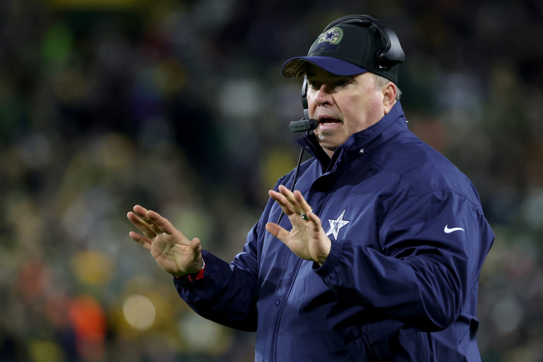 GREEN BAY, WISCONSIN - NOVEMBER 13: Head coach Mike McCarthy of the Dallas Cowboys reacts during the second quarter against the Green Bay Packers at Lambeau Field on November 13, 2022 in Green Bay, Wisconsin. (Photo by Stacy Revere/Getty Images)