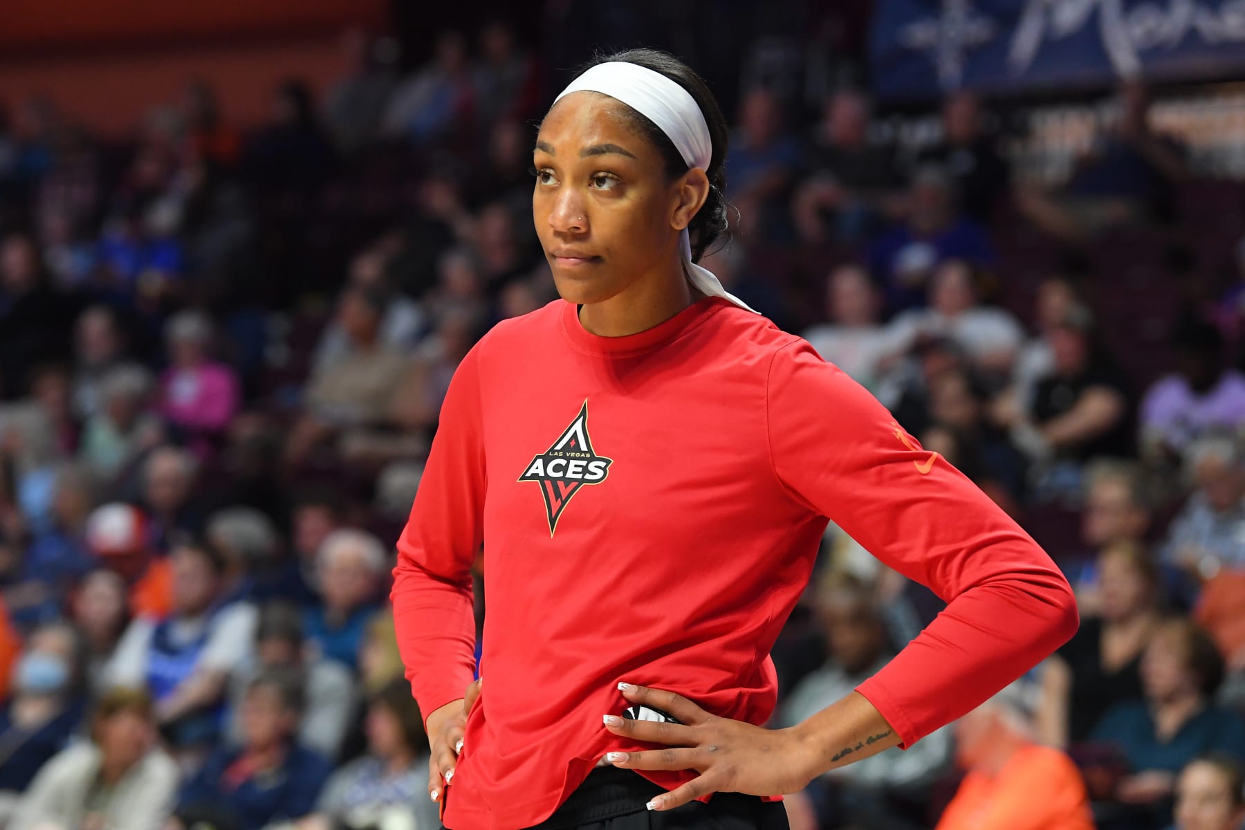 UNCASVILLE, CT - JUNE 08: Las Vegas Aces center A'ja Wilson (22) looks on before a WNBA game between the Las Vegas Aces and the Connecticut Sun on June 8, 2023, at Mohegan Sun Arena in Uncasville, CT. (Photo by Erica Denhoff/Icon Sportswire via Getty Images)
