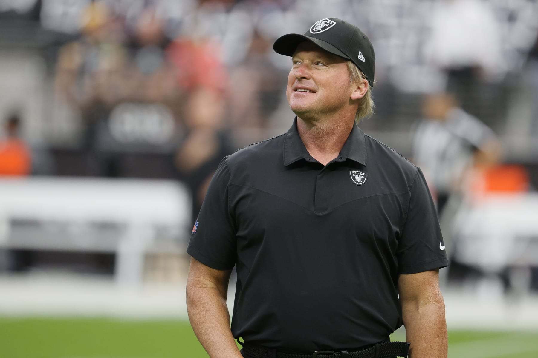 LAS VEGAS, NEVADA - OCTOBER 10: Head coach John Gruden of the Las Vegas Raiders reacts before a game against the Chicago Bears at Allegiant Stadium on October 10, 2021 in Las Vegas, Nevada. (Photo by Ethan Miller/Getty Images)