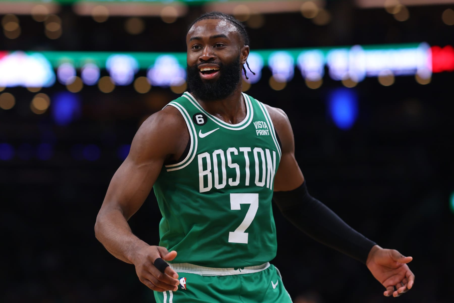 BOSTON, MASSACHUSETTS - MAY 25: Jaylen Brown #7 of the Boston Celtics reacts against the Miami Heat during the second quarter in game five of the Eastern Conference Finals at TD Garden on May 25, 2023 in Boston, Massachusetts. NOTE TO USER: User expressly acknowledges and agrees that, by downloading and or using this photograph, User is consenting to the terms and conditions of the Getty Images License Agreement. (Photo by Maddie Meyer/Getty Images)