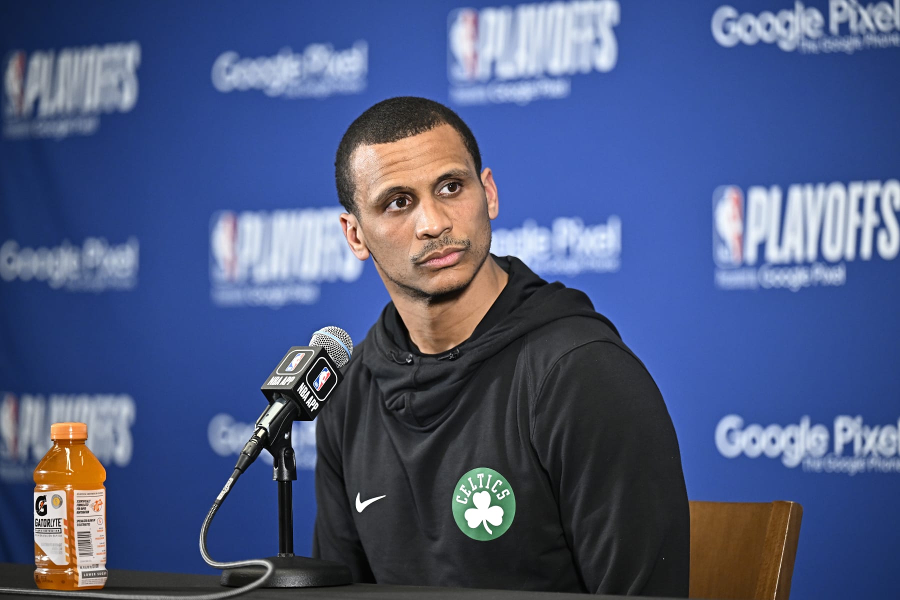 BOSTON, MA - MAY 9: Head Coach Joe Mazzulla of the Boston Celtics talks to the media before Game Five of the Eastern Conference Semi-Finals of the 2023 NBA Playoffs  against the Philadelphia 76ers on May 9, 2023 at the TD Garden in Boston, Massachusetts. NOTE TO USER: User expressly acknowledges and agrees that, by downloading and or using this photograph, User is consenting to the terms and conditions of the Getty Images License Agreement. Mandatory Copyright Notice: Copyright 2023 NBAE  (Photo by David Dow/NBAE via Getty Images)