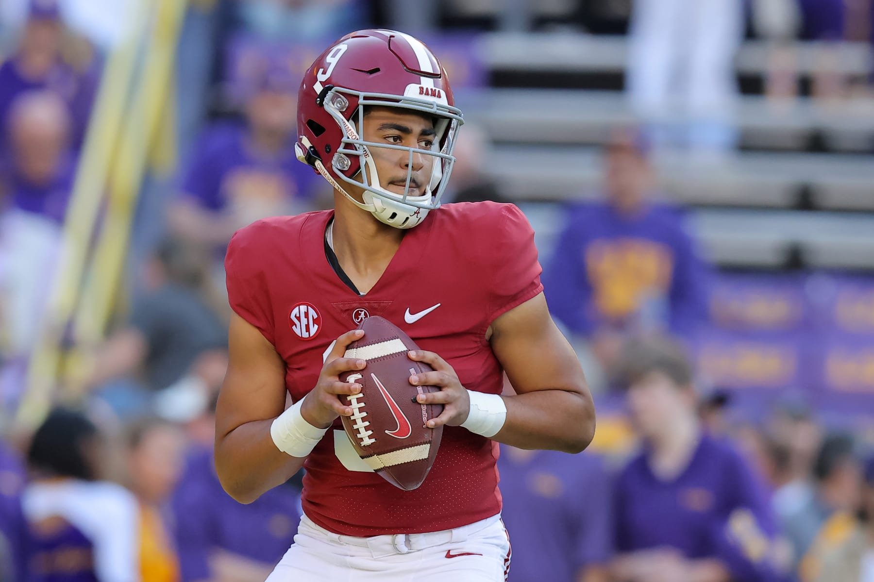 BATON ROUGE, LOUISIANA - NOVEMBER 05: Bryce Young #9 of the Alabama Crimson Tide warms up against the LSU Tigers during a game at Tiger Stadium on November 05, 2022 in Baton Rouge, Louisiana. (Photo by Jonathan Bachman/Getty Images)