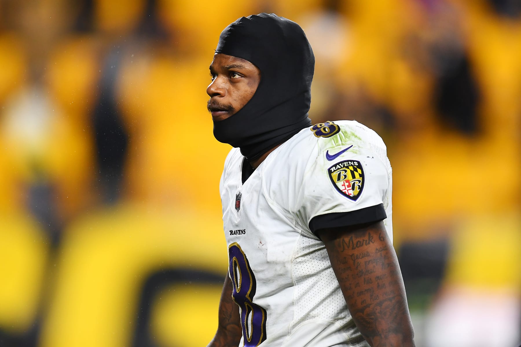 PITTSBURGH, PENNSYLVANIA - DECEMBER 05: Lamar Jackson #8 of the Baltimore Ravens walks off the field after a loss against to the Pittsburgh Steelers at Heinz Field on December 05, 2021 in Pittsburgh, Pennsylvania. (Photo by Joe Sargent/Getty Images)