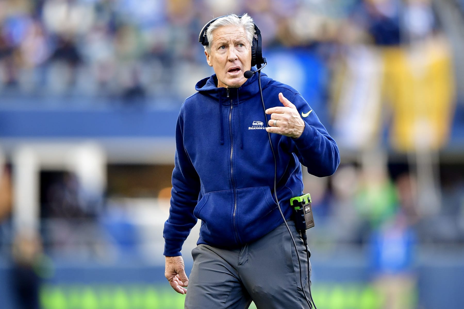 SEATTLE, WASHINGTON - DECEMBER 31: Head coach Pete Carroll of the Seattle Seahawks looks on during the first half of a game against the Pittsburgh Steelers at Lumen Field on December 31, 2023 in Seattle, Washington. (Photo by Jane Gershovich/Getty Images)