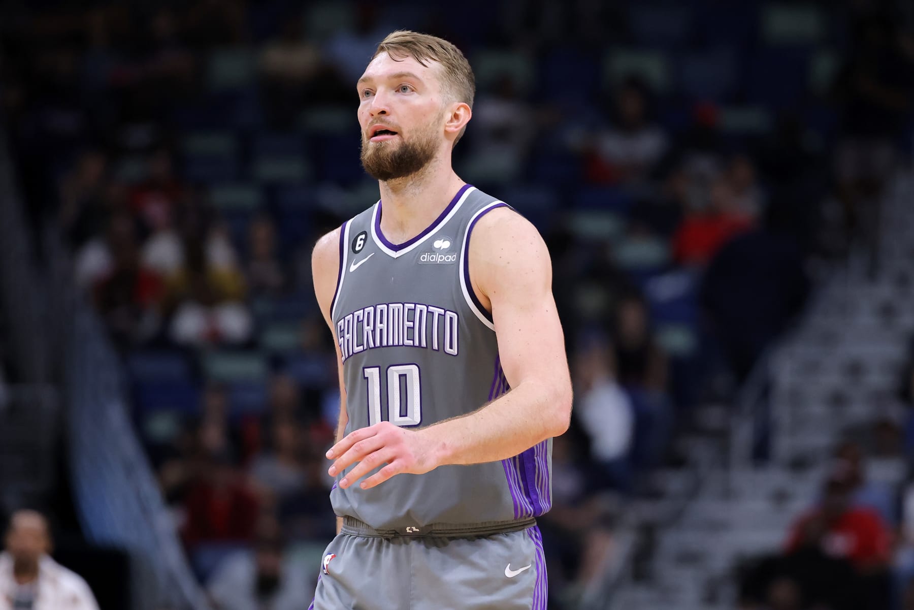 NEW ORLEANS, LOUISIANA - APRIL 04: Domantas Sabonis #10 of the Sacramento Kings reacts against the New Orleans Pelicans during the first half at the Smoothie King Center on April 04, 2023 in New Orleans, Louisiana. NOTE TO USER: User expressly acknowledges and agrees that, by downloading and or using this Photograph, user is consenting to the terms and conditions of the Getty Images License Agreement. (Photo by Jonathan Bachman/Getty Images)