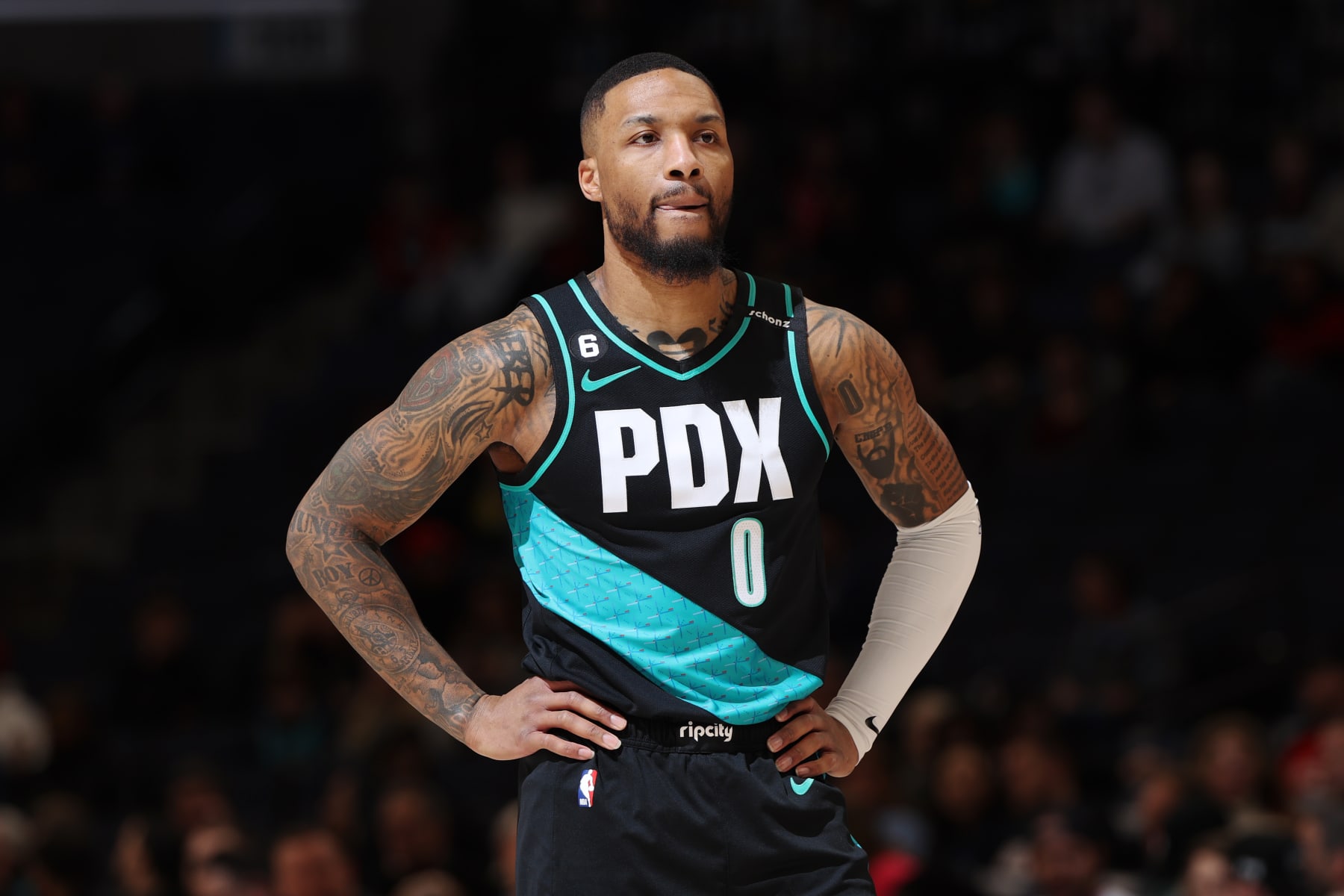 MEMPHIS, TN - FEBRUARY 1: Damian Lillard #0 of the Portland Trail Blazers looks on during the game against the Memphis Grizzlies on February 1, 2023 at FedExForum in Memphis, Tennessee. NOTE TO USER: User expressly acknowledges and agrees that, by downloading and or using this photograph, User is consenting to the terms and conditions of the Getty Images License Agreement. Mandatory Copyright Notice: Copyright 2022 NBAE (Photo by Joe Murphy/NBAE via Getty Images)