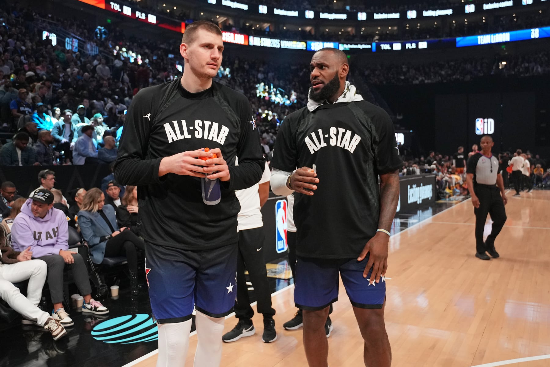 SALT LAKE CITY, UT - FEBRUARY 19: Nikola Jokic #15 and LeBron James #6 of Team LeBron talk during the NBA All-Star Game as part of 2023 NBA All Star Weekend on Sunday, February 19, 2023 at Vivint Arena in Salt Lake City, Utah. NOTE TO USER: User expressly acknowledges and agrees that, by downloading and/or using this Photograph, user is consenting to the terms and conditions of the Getty Images License Agreement. Mandatory Copyright Notice: Copyright 2023 NBAE (Photo by Jesse D. Garrabrant/NBAE via Getty Images)