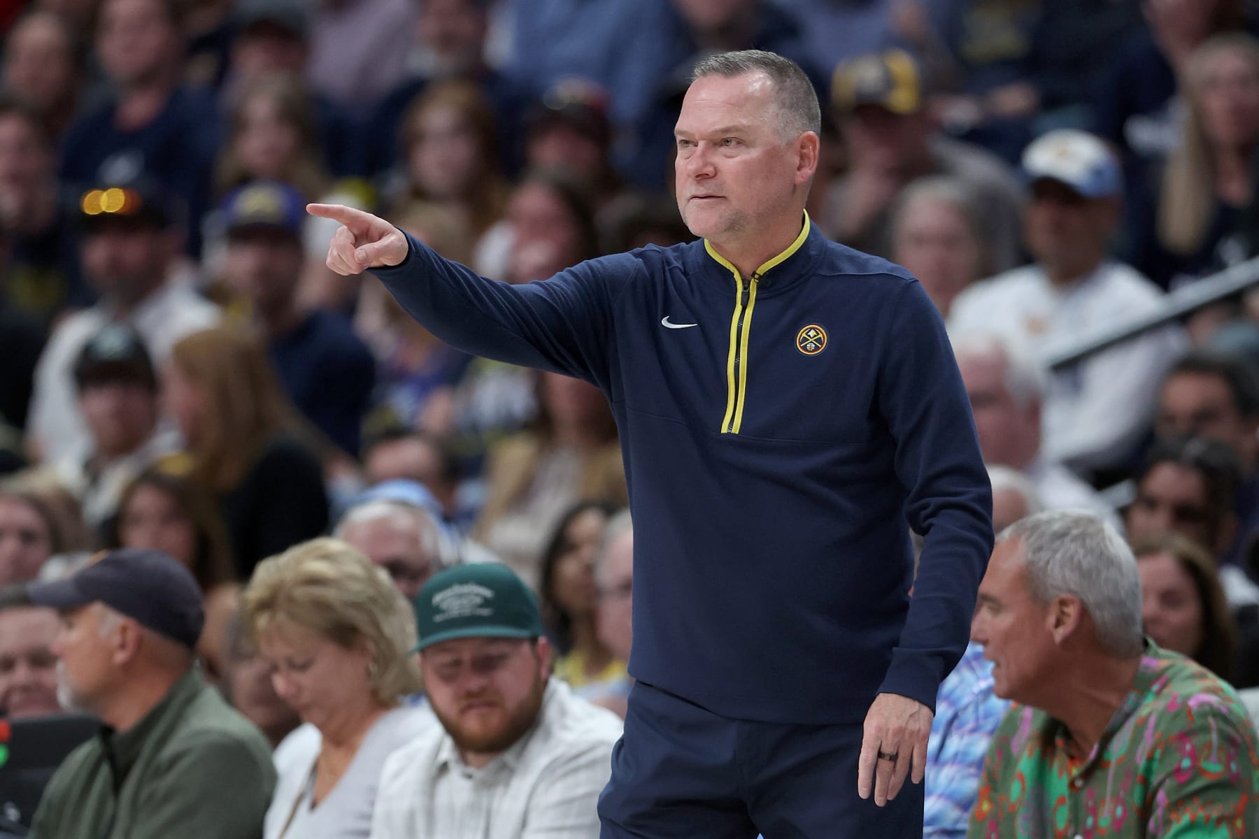 DENVER, COLORADO - APRIL 29: Head coach Michael Malone of the Denver Nuggets directs his team against the Phoenix Suns in the first quarter at Ball Arena on April 29, 2023 in Denver, Colorado. NOTE TO USER: User expressly acknowledges and agrees that, by downloading and/or using this photograph, User is consenting to the terms and conditions of the Getty Images License Agreement. (Photo by Matthew Stockman/Getty Images)