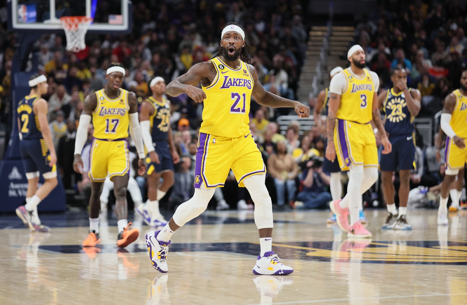 INDIANAPOLIS, INDIANA - FEBRUARY 02: Patrick Beverley #21of the Los Angeles Lakers reacts after being called for a foul in the second half against the Indiana Pacers at Gainbridge Fieldhouse on February 02, 2023 in Indianapolis, Indiana.  NOTE TO USER: User expressly acknowledges and agrees that, by downloading and/or using this photograph, User is consenting to the terms and conditions of the Getty Images License Agreement. (Photo by Andy Lyons/Getty Images)