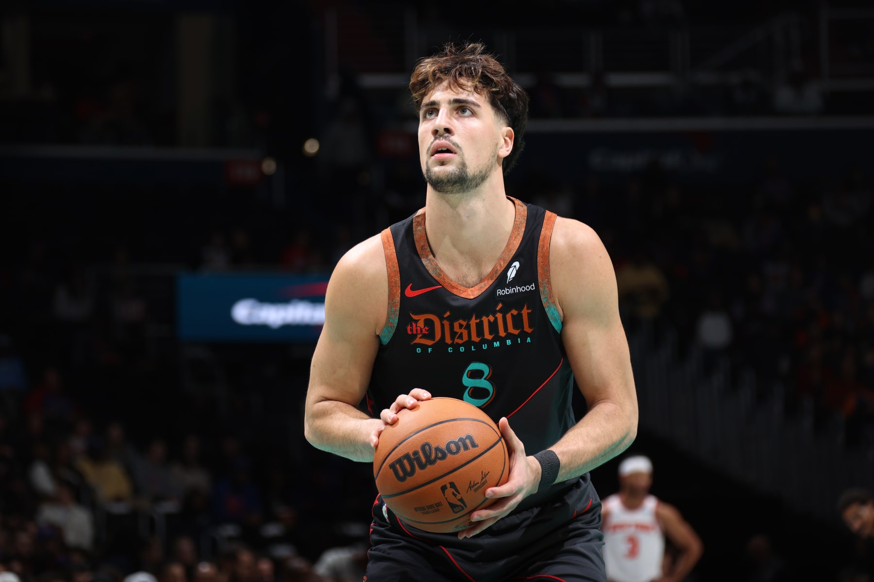 WASHINGTON, DC -  NOVEMBER 17: Deni Avdija #8 of the Washington Wizards shoots a free throw during the game against the New York Knicks during the In-Season Tournament on November 17, 2023 at Capital One Arena in Washington, DC. NOTE TO USER: User expressly acknowledges and agrees that, by downloading and or using this Photograph, user is consenting to the terms and conditions of the Getty Images License Agreement. Mandatory Copyright Notice: Copyright 2023 NBAE (Photo by Stephen Gosling/NBAE via Getty Images)