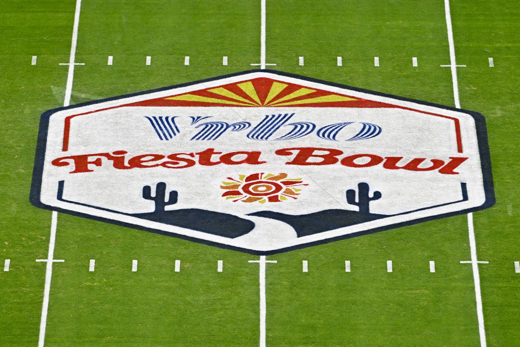 GLENDALE, ARIZONA - DECEMBER 31: A general view of the VRBO Fiesta Bowl logo on the 50 yard line before the College Football Playoff Semifinal Fiesta Bowl football game between the Michigan Wolverines and the TCU Horned Frogs at State Farm Stadium on December 31, 2022 in Glendale, Arizona. (Photo by Alika Jenner/Getty Images)