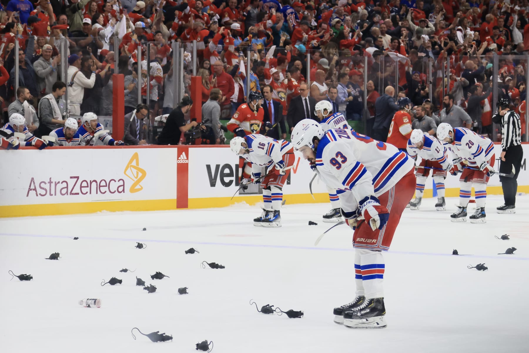 SUNRISE, FLORIDA - JUNE 01: Mika Zibanejad #93 of the New York Rangers reacts with teammates after being defeated by the Florida Panthers in Game Six of the Eastern Conference Final of the 2024 Stanley Cup Playoffs at Amerant Bank Arena on June 01, 2024 in Sunrise, Florida. (Photo by Bruce Bennett/Getty Images)