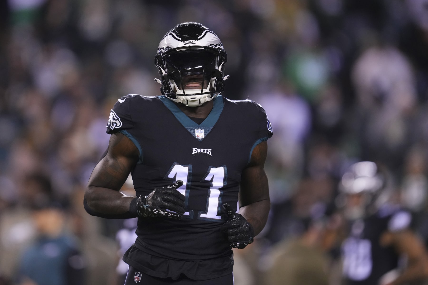 PHILADELPHIA, PA - NOVEMBER 27: A.J. Brown #11 of the Philadelphia Eagles looks on prior to the game against the Green Bay Packers at Lincoln Financial Field on November 27, 2022 in Philadelphia, Pennsylvania. (Photo by Mitchell Leff/Getty Images)