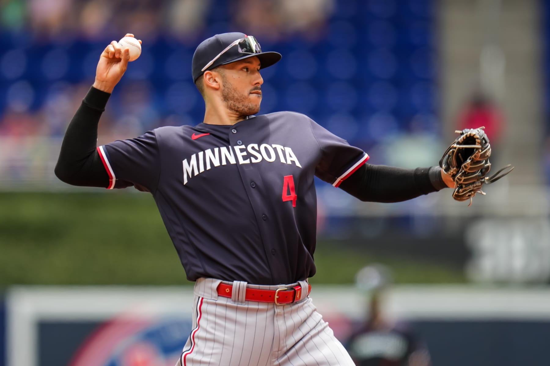 MIAMI, FL - APRIL 05: Carlos Correa #4 of the Minnesota Twins throws against the Miami Marlins on April 4, 2023 at loanDepot park in Miami, Florida. (Photo by Brace Hemmelgarn/Minnesota Twins/Getty Images)