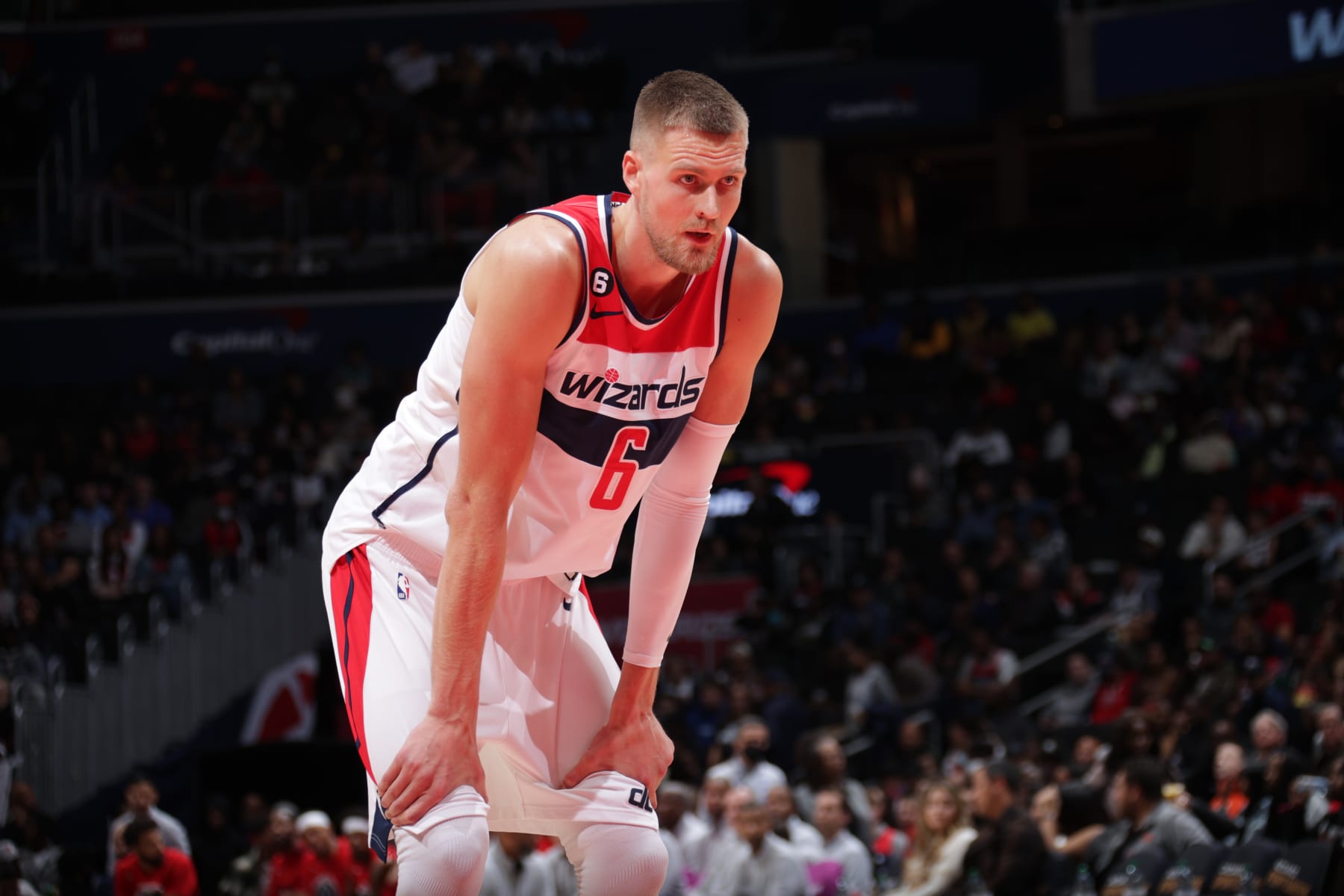 WASHINGTON, DC -  NOVEMBER 13:  Kristaps Porzingis #6 of the Washington Wizards looks on during the game against the Memphis Grizzlies on November 13, 2022 at Capital One Arena in Washington, DC. NOTE TO USER: User expressly acknowledges and agrees that, by downloading and or using this Photograph, user is consenting to the terms and conditions of the Getty Images License Agreement. Mandatory Copyright Notice: Copyright 2022 NBAE (Photo by KeShawn Ennis/NBAE via Getty Images)