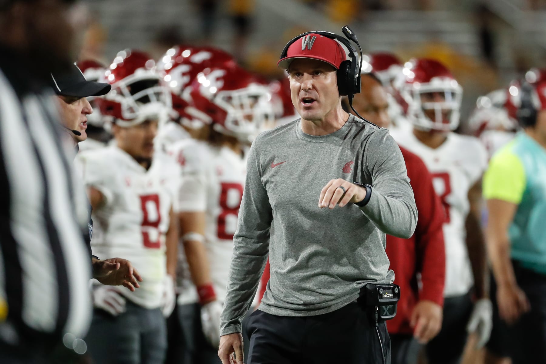 TEMPE, AZ - OCTOBER 28:  Washington State Cougars head coach Jake Dickert yells at a referee during the college football game between the Washington State Cougars and the Arizona State Sun Devils on October 28, 2023 at Mountain America Stadium in Tempe, Arizona. (Photo by Kevin Abele/Icon Sportswire via Getty Images)