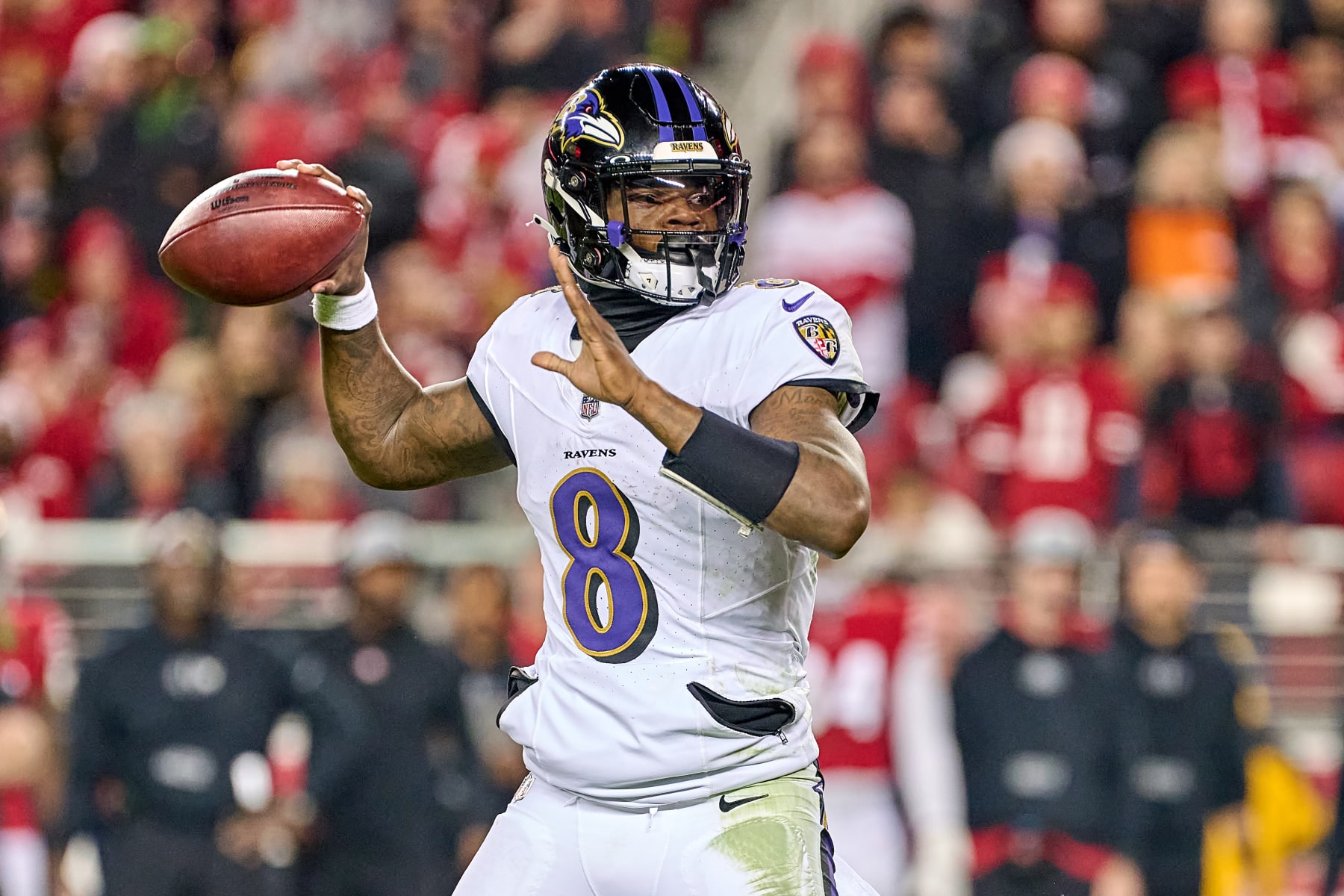 SANTA CLARA, CALIFORNIA - DECEMBER 25: Lamar Jackson #8 of the Baltimore Ravens throws the football in action during a game between the San Francisco 49ers and the Baltimore Ravens at Levi's Stadium on December 25, 2023 in Santa Clara, California. (Photo by Robin Alam/ISI Photos/Getty Images)