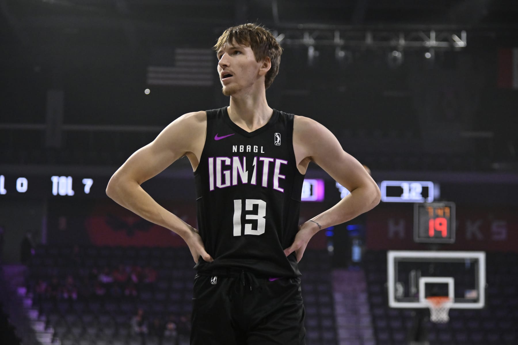LAS VEGAS, NV - JANUARY 31: Matas Buzelis #13 of G League Ignite  looks on during the game against the Iowa Wolves on January 31, 2024 at The Dollar Loan Center in Henderson, Nevada. NOTE TO USER: User expressly acknowledges and agrees that, by downloading and or using this photograph, User is consenting to the terms and conditions of the Getty Images License Agreement. Mandatory Copyright Notice: Copyright 2024 NBAE (Photo by David Becker/NBAE via Getty Images)