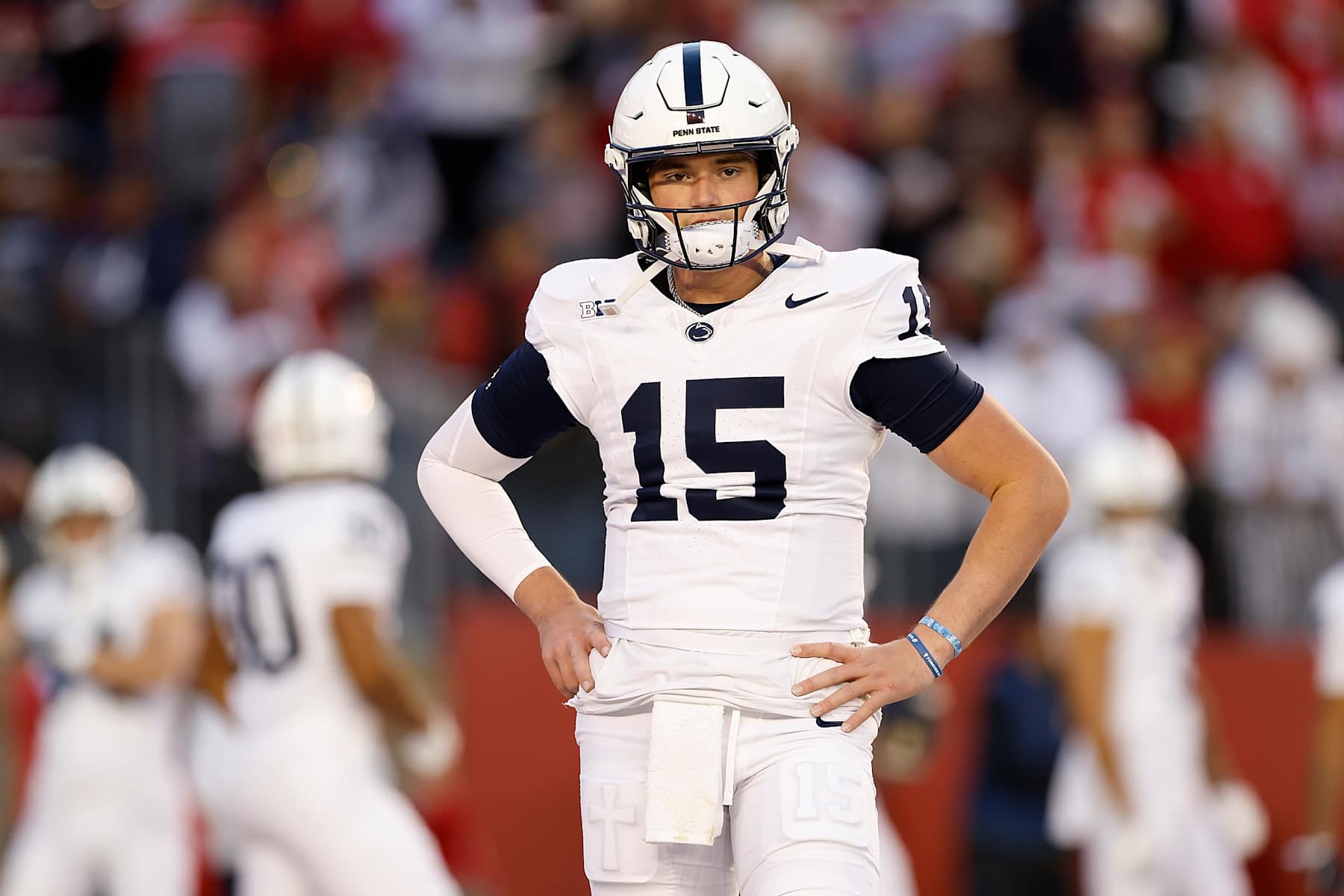 MADISON, WISCONSIN - OCTOBER 26: Drew Allar #15 of the Penn State Nittany Lions warms up before the game against the Wisconsin Badgers at Camp Randall Stadium on October 26, 2024 in Madison, Wisconsin. (Photo by John Fisher/Getty Images) MADISON, WISCONSIN - OCTOBER 26: Drew Allar #15 of the Penn State Nittany Lions warms up before the game against the Wisconsin Badgers at Camp Randall Stadium on October 26, 2024 in Madison, Wisconsin. (Photo by John Fisher/Getty Images)