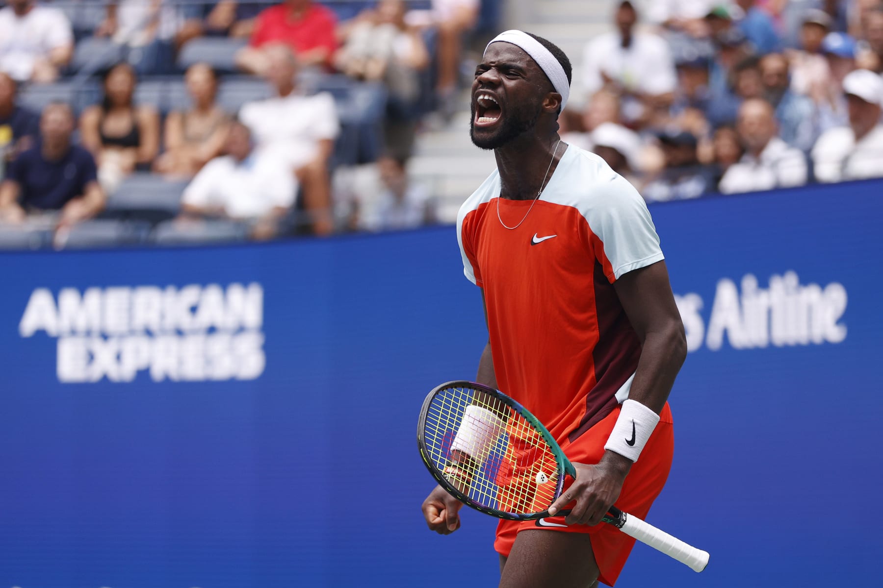 NEW YORK, NEW YORK - SEPTEMBER 05: Frances Tiafoe of the United States reacts to a point against Rafael Nadal of Spain during their Men’s Singles Fourth Round match on Day Eight of the 2022 US Open at USTA Billie Jean King National Tennis Center on September 05, 2022 in the Flushing neighborhood of the Queens borough of New York City. (Photo by Sarah Stier/Getty Images)