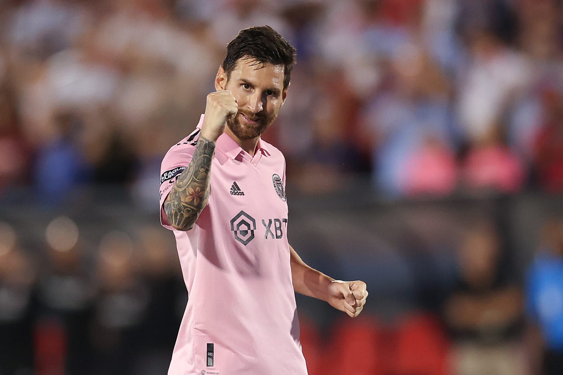FRISCO, TEXAS - AUGUST 6: Lionel Messi #10 of Inter Miami CF celebrates after scoring the first penalty kick during the round of 16 Leagues Cup football match between Inter Miami CF and FC Dallas at Toyota Stadium on August 6, 2023 in Frisco, Texas. (Photo by Omar Vega/Getty Images)