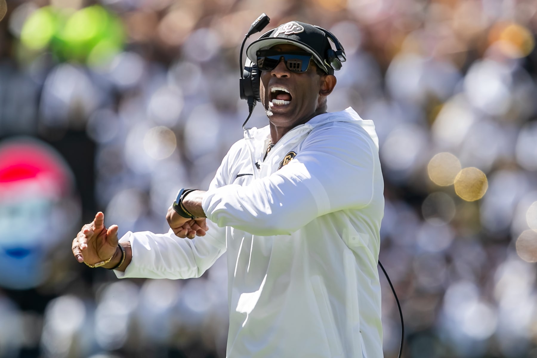 BOULDER, CO - SEPTEMBER 09: Colorado head coach Deion Sanders directs his players during the home opener game between the Colorado Buffaloes and the the Nebraska Cornhuskers on Saturday, September 9, 2023 at Folsom Field in Boulder, CO.  (Photo by Nick Tre. Smith/Icon Sportswire via Getty Images)