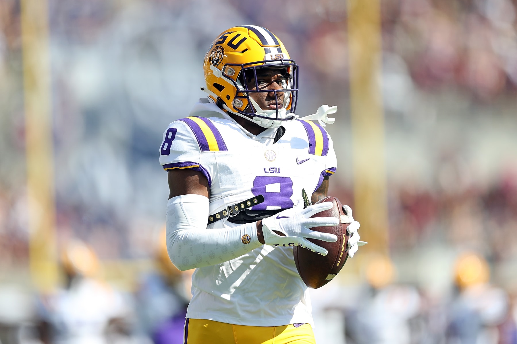 STARKVILLE, MISSISSIPPI - SEPTEMBER 16: Malik Nabers #8 of the LSU Tigers warms up before the game against the Mississippi State Bulldogs at Davis Wade Stadium on September 16, 2023 in Starkville, Mississippi. (Photo by Justin Ford/Getty Images)