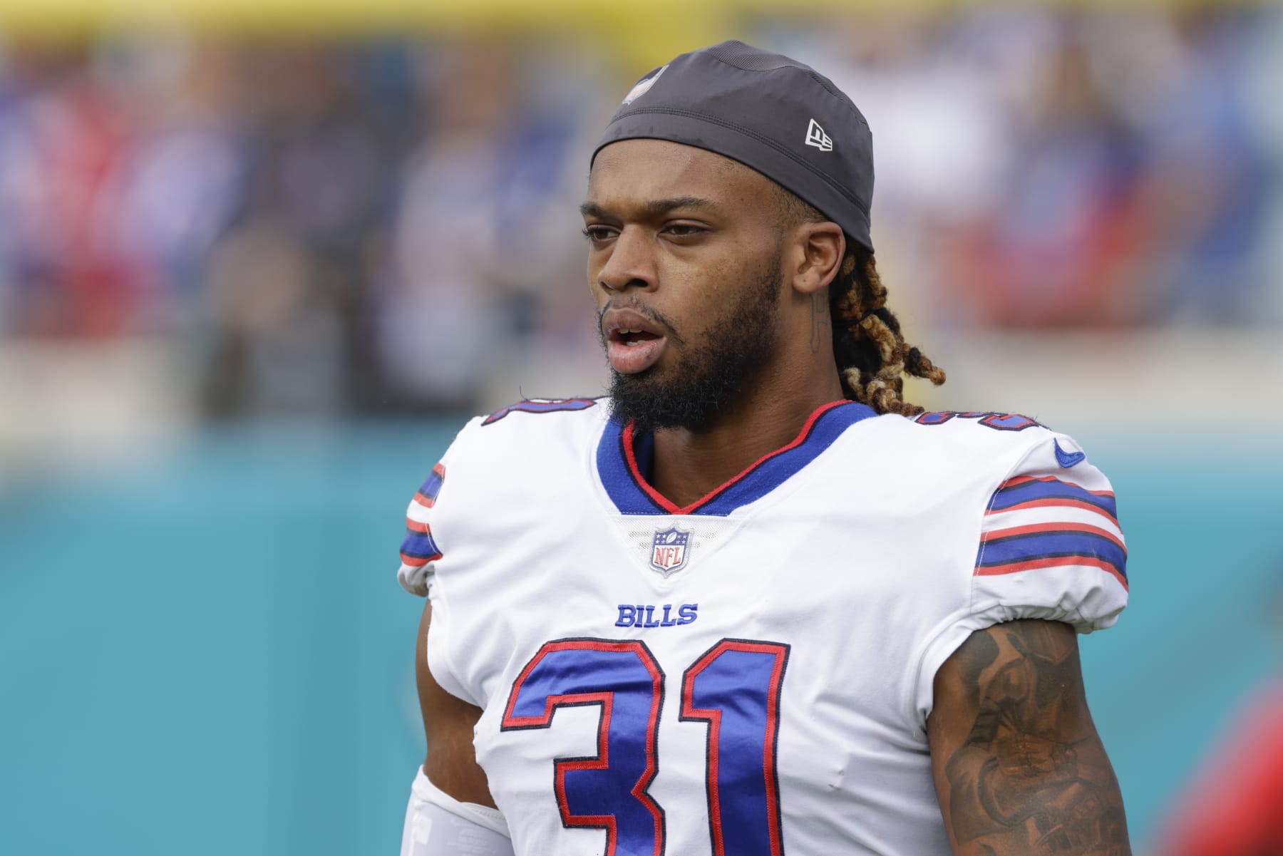 JACKSONVILLE, FL - NOVEMBER 07: Buffalo Bills safety Damar Hamlin (31) during the game between the Buffalo Bills and the Jacksonville Jaguars on November 7, 2021 at TIAA Bank Field in Jacksonville, FL. (Photo by David Rosenblum/Icon Sportswire via Getty Images)