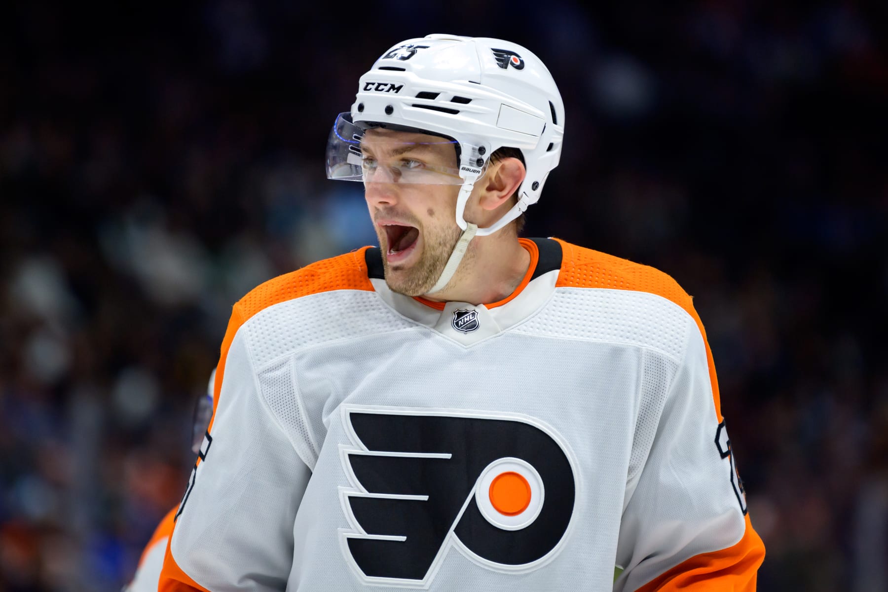 VANCOUVER, CANADA - FEBRUARY 18: James van Riemsdyk #25 of the Philadelphia Flyers waits for a face-off during the second period of their NHL game against the Vancouver Canucks at Rogers Arena on February 18, 2023 in Vancouver, British Columbia, Canada. (Photo by Derek Cain/Getty Images)