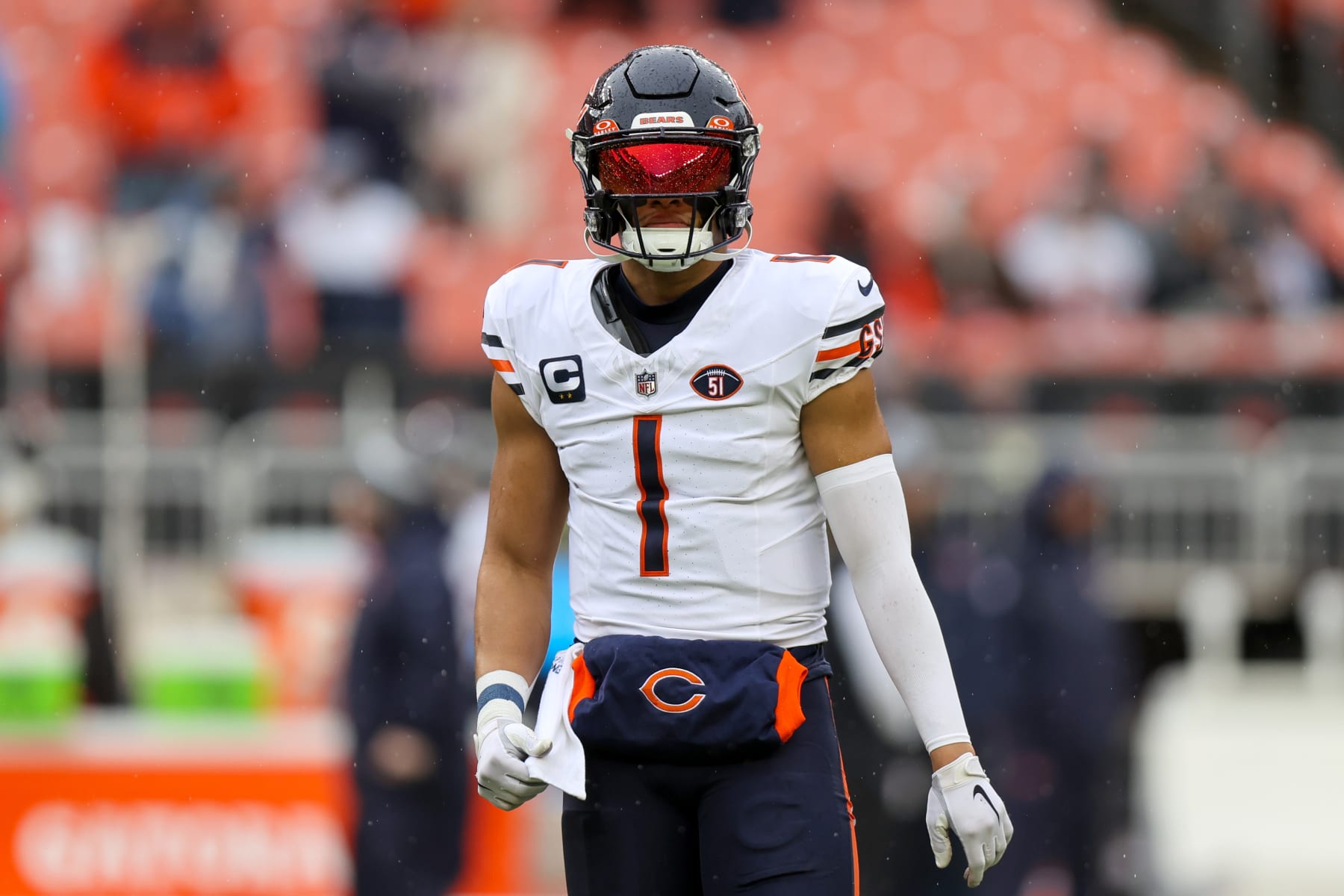 CLEVELAND, OH - DECEMBER 17: Chicago Bears quarterback Justin Fields (1) on the field prior to the National Football League game between the Chicago Bears and Cleveland Browns on December 17, 2023, at Cleveland Browns Stadium in Cleveland, OH. (Photo by Frank Jansky/Icon Sportswire via Getty Images)