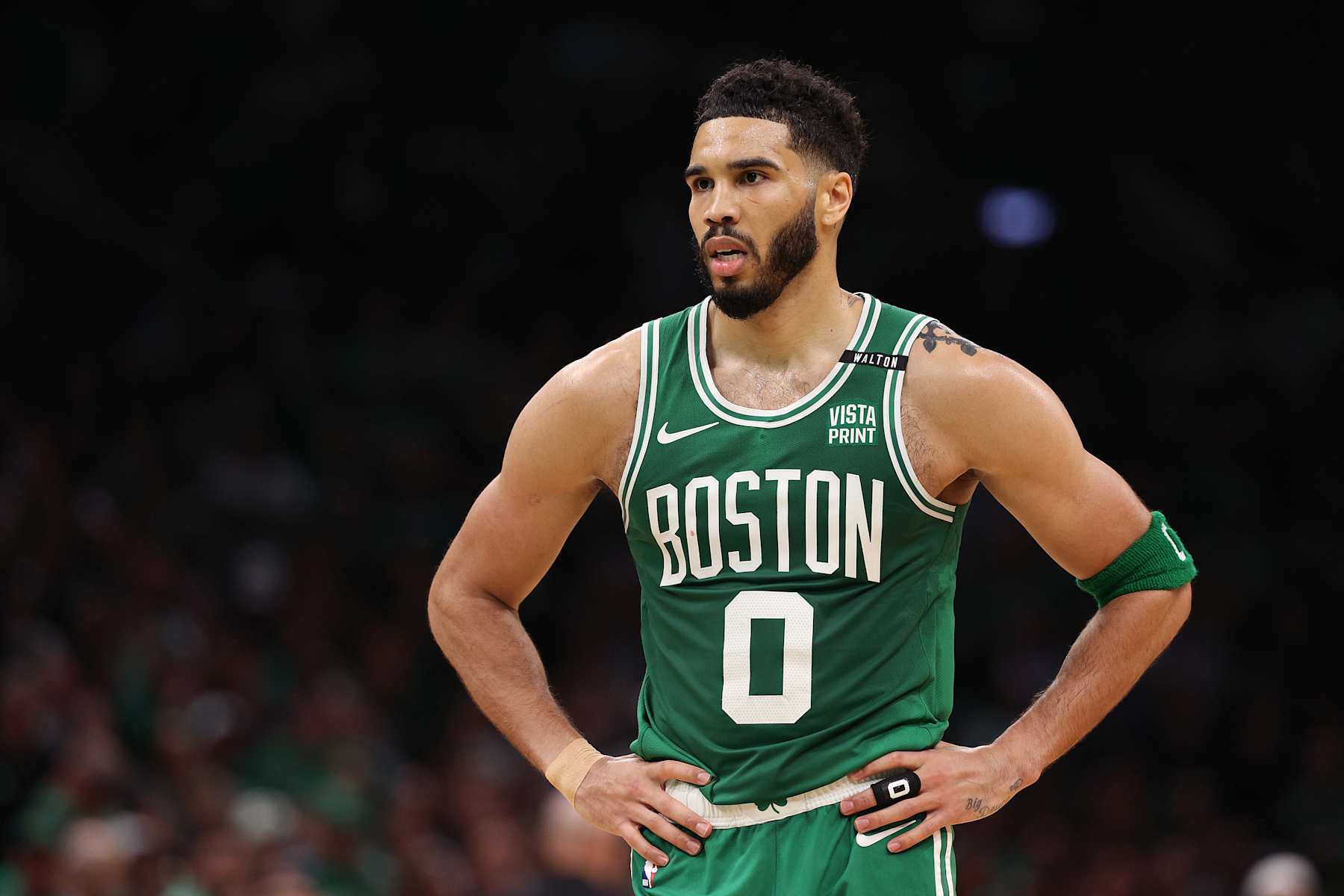 BOSTON, MASSACHUSETTS - JUNE 17: Jayson Tatum #0 of the Boston Celtics looks on during the second quarter of Game Five of the 2024 NBA Finals against the Dallas Mavericks at TD Garden on June 17, 2024 in Boston, Massachusetts. NOTE TO USER: User expressly acknowledges and agrees that, by downloading and or using this photograph, User is consenting to the terms and conditions of the Getty Images License Agreement. (Photo by Elsa/Getty Images)