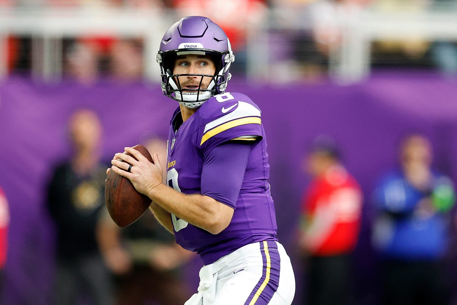 MINNEAPOLIS, MINNESOTA - OCTOBER 08: Kirk Cousins #8 of the Minnesota Vikings looks to pass against the Kansas City Chiefs in the first half at U.S. Bank Stadium on October 08, 2023 in Minneapolis, Minnesota. The Chiefs defeated the Vikings 27-20. (Photo by David Berding/Getty Images)