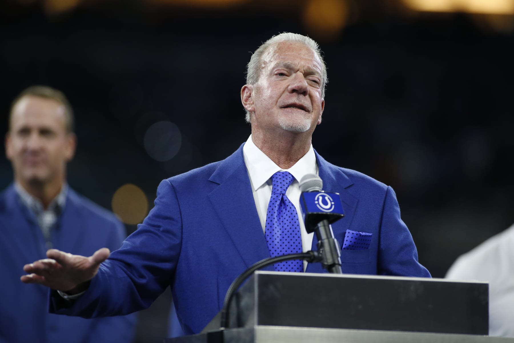 INDIANAPOLIS, INDIANA - NOVEMBER 10: Indianapolis Colts owner Jim Irsay talks to the fans during the Dwight Freeney induction to the Indianapolis Colts Ring of Honor at Lucas Oil Stadium on November 10, 2019 in Indianapolis, Indiana. (Photo by Justin Casterline/Getty Images)