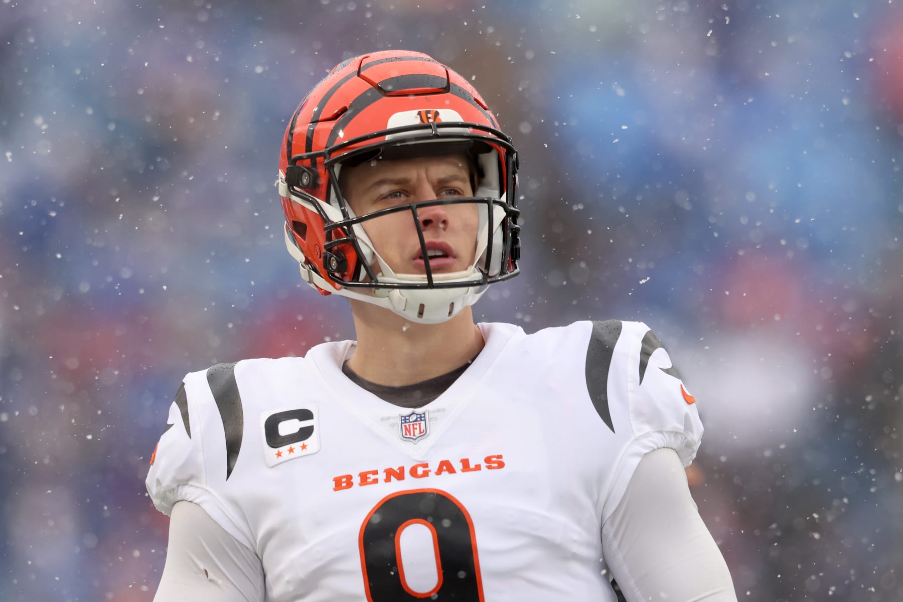 ORCHARD PARK, NEW YORK - JANUARY 22: Joe Burrow #9 of the Cincinnati Bengals warms up prior to the AFC Divisional Playoff game against the Buffalo Bills at Highmark Stadium on January 22, 2023 in Orchard Park, New York. (Photo by Bryan M. Bennett/Getty Images)