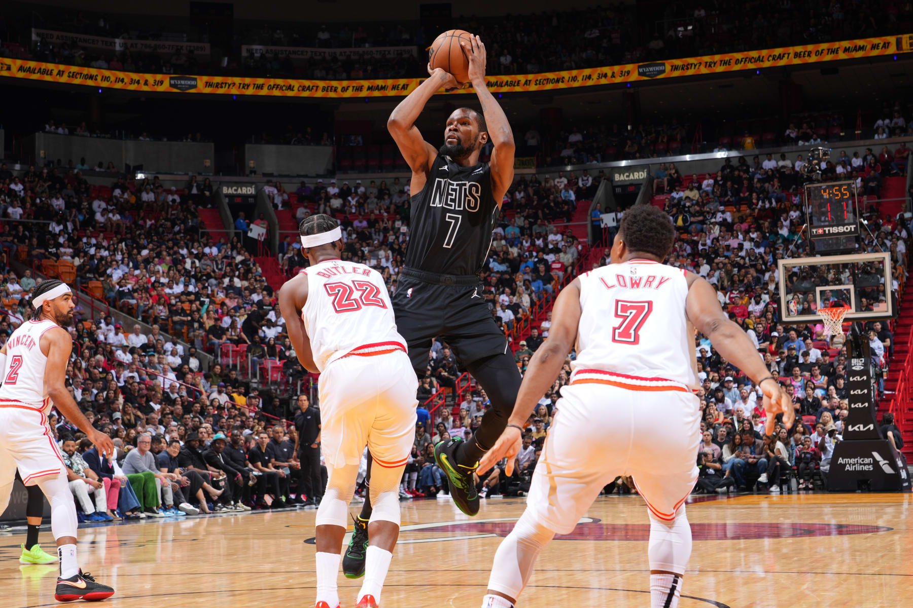 MIAMI, FL - JANUARY 8: Kevin Durant #7 of the Brooklyn Nets shoots the ball during the game against the Miami Heat on January 8, 2023 at FTX Arena in Miami, Florida. NOTE TO USER: User expressly acknowledges and agrees that, by downloading and or using this Photograph, user is consenting to the terms and conditions of the Getty Images License Agreement. Mandatory Copyright Notice: Copyright 2023 NBAE (Photo by Jesse D. Garrabrant/NBAE via Getty Images)