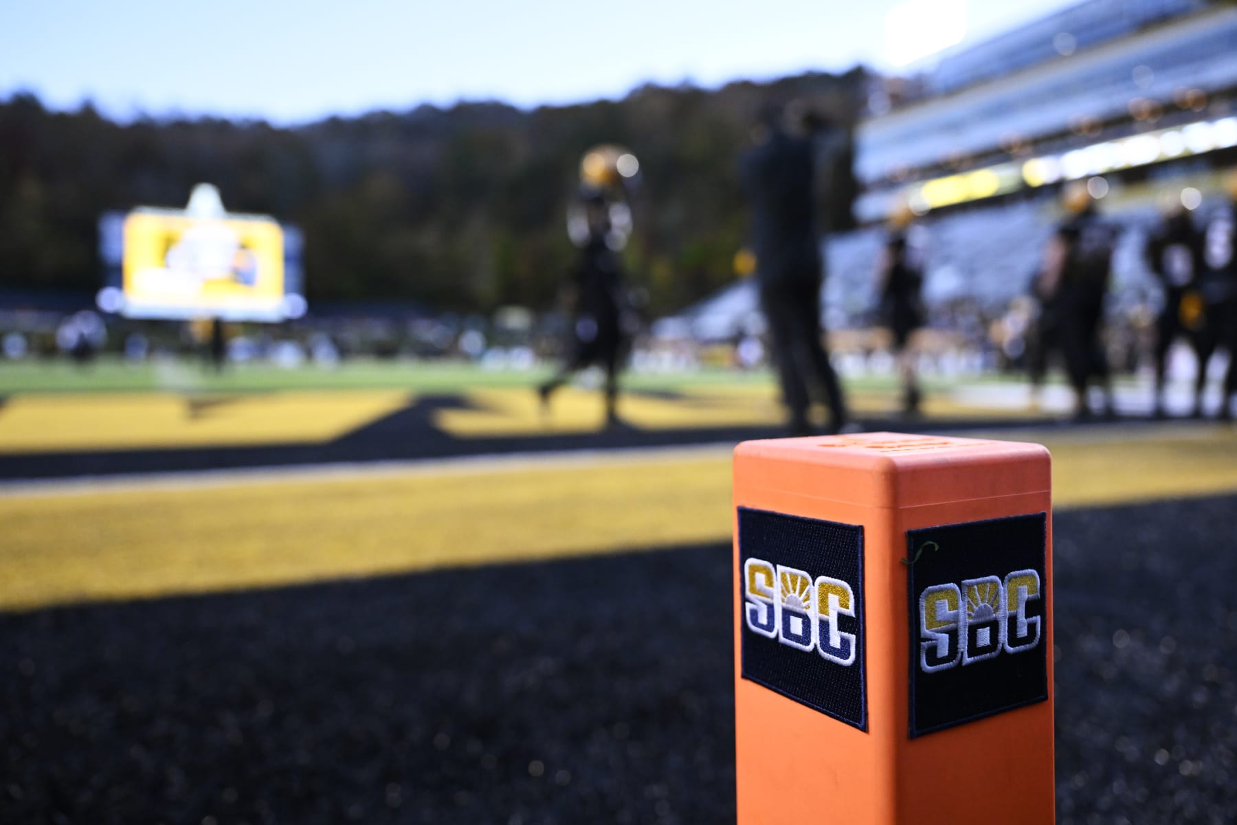 BOONE, NORTH CAROLINA - OCTOBER 19: The Sun Belt Conference logo is seen on an Appalachian State Mountaineers pylon before the game against the Georgia State Panthers at Kidd Brewer Stadium on October 19, 2022 in Boone, North Carolina. (Photo by Eakin Howard/Getty Images)