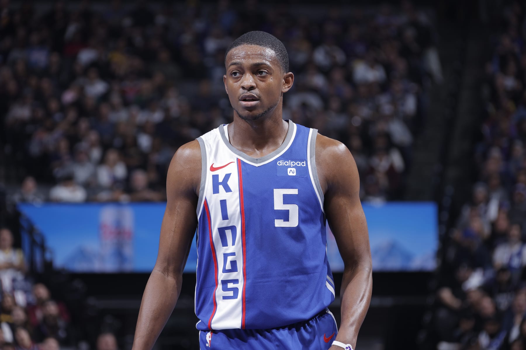 SACRAMENTO, CA - NOVEMBER 28: De'Aaron Fox #5 of the Sacramento Kings looks on during the game against the Golden State Warriors during the In-Season Tournament on November 28, 2023 at Golden 1 Center in Sacramento, California. NOTE TO USER: User expressly acknowledges and agrees that, by downloading and or using this photograph, User is consenting to the terms and conditions of the Getty Images Agreement. Mandatory Copyright Notice: Copyright 2023 NBAE (Photo by Rocky Widner/NBAE via Getty Images)